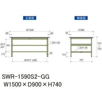 軽量作業台/耐荷重300kg_中間全面棚板付_固定式H740_塩ビシート天板_ワークテーブル300シリーズ 山金工業