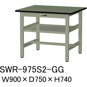 軽量作業台/耐荷重300kg_中間全面棚板付_固定式H740_塩ビシート天板_ワークテーブル300シリーズ 山金工業