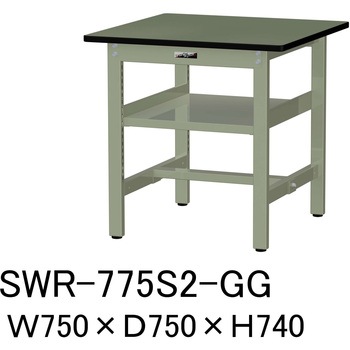 軽量作業台/耐荷重300kg_中間全面棚板付_固定式H740_塩ビシート天板_ワークテーブル300シリーズ 山金工業