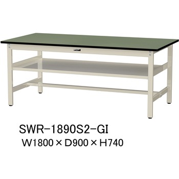 軽量作業台/耐荷重300kg_中間全面棚板付_固定式H740_塩ビシート天板_ワークテーブル300シリーズ 山金工業