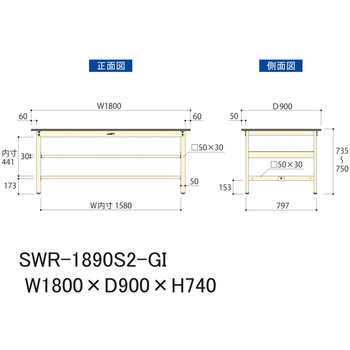 軽量作業台/耐荷重300kg_中間全面棚板付_固定式H740_塩ビシート天板_ワークテーブル300シリーズ 山金工業