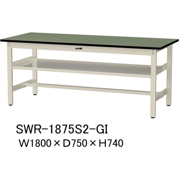 軽量作業台/耐荷重300kg_中間全面棚板付_固定式H740_塩ビシート天板_ワークテーブル300シリーズ 山金工業