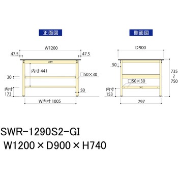 軽量作業台/耐荷重300kg_中間全面棚板付_固定式H740_塩ビシート天板_ワークテーブル300シリーズ 山金工業