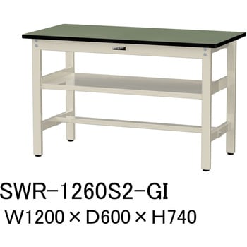 軽量作業台/耐荷重300kg_中間全面棚板付_固定式H740_塩ビシート天板_ワークテーブル300シリーズ 山金工業