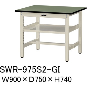 軽量作業台/耐荷重300kg_中間全面棚板付_固定式H740_塩ビシート天板_ワークテーブル300シリーズ 山金工業