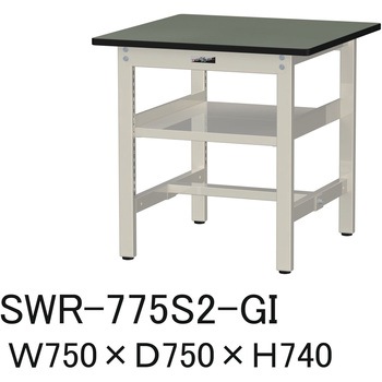 軽量作業台/耐荷重300kg_中間全面棚板付_固定式H740_塩ビシート天板_ワークテーブル300シリーズ 山金工業