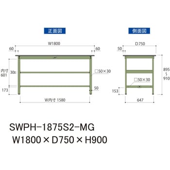 軽量作業台/耐荷重300kg_中間全面棚板付_固定式H900_ポリエステル天板_ワークテーブル300シリーズ 山金工業