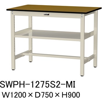 軽量作業台/耐荷重300kg_中間全面棚板付_固定式H900_ポリエステル天板_ワークテーブル300シリーズ 山金工業
