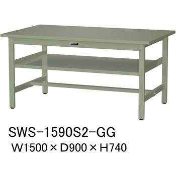 軽量作業台/耐荷重300kg_中間全面棚板付_固定式H740_スチール天板_ワークテーブル300シリーズ 山金工業