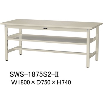 軽量作業台/耐荷重300kg_中間全面棚板付_固定式H740_スチール天板_ワークテーブル300シリーズ 山金工業