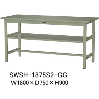 軽量作業台/耐荷重300kg_中間全面棚板付_固定式H900_スチール天板_ワークテーブル300シリーズ 山金工業