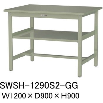 軽量作業台/耐荷重300kg_中間全面棚板付_固定式H900_スチール天板_ワークテーブル300シリーズ 山金工業