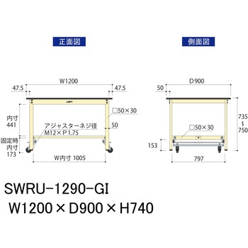軽量作業台/耐荷重300kg_ワンタッチ移動H740_塩ビシート天板_ワークテーブル300シリーズ 山金工業
