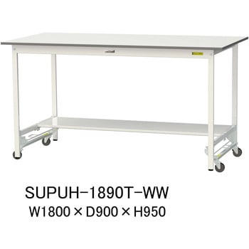 軽量作業台/耐荷重150kg_ワンタッチ移動式_半面棚付_ワークテーブル150シリーズ_低圧メラミン天板 山金工業