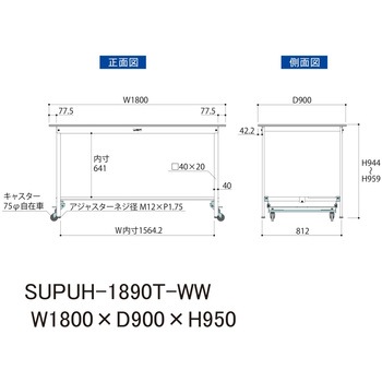 軽量作業台/耐荷重150kg_ワンタッチ移動式_半面棚付_ワークテーブル150シリーズ_低圧メラミン天板 山金工業