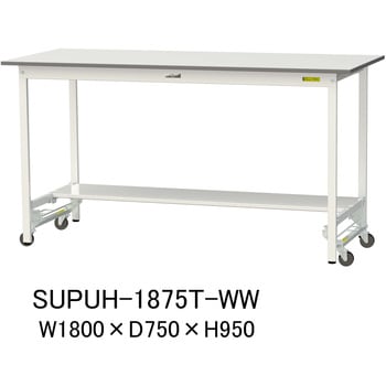 軽量作業台/耐荷重150kg_ワンタッチ移動式_半面棚付_ワークテーブル150シリーズ_低圧メラミン天板 山金工業