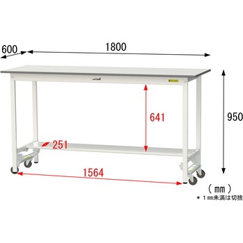 軽量作業台/耐荷重150kg_ワンタッチ移動式_半面棚付_ワークテーブル150シリーズ_低圧メラミン天板 山金工業