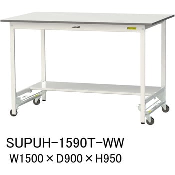 軽量作業台/耐荷重150kg_ワンタッチ移動式_半面棚付_ワークテーブル150シリーズ_低圧メラミン天板 山金工業