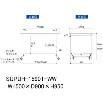 軽量作業台/耐荷重150kg_ワンタッチ移動式_半面棚付_ワークテーブル150シリーズ_低圧メラミン天板 山金工業