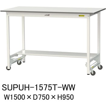 軽量作業台/耐荷重150kg_ワンタッチ移動式_半面棚付_ワークテーブル150シリーズ_低圧メラミン天板 山金工業