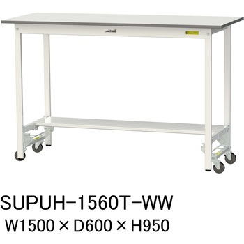軽量作業台/耐荷重150kg_ワンタッチ移動式_半面棚付_ワークテーブル150シリーズ_低圧メラミン天板 山金工業