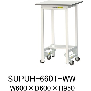 軽量作業台/耐荷重150kg_ワンタッチ移動式_半面棚付_ワークテーブル150シリーズ_低圧メラミン天板 山金工業
