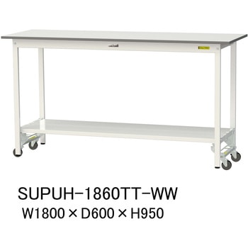 軽量作業台/耐荷重150kg_ワンタッチ移動式_全面棚付_ワークテーブル150シリーズ_低圧メラミン天板 山金工業