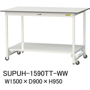 軽量作業台/耐荷重150kg_ワンタッチ移動式_全面棚付_ワークテーブル150シリーズ_低圧メラミン天板 山金工業