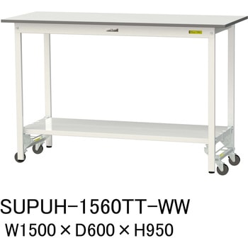軽量作業台/耐荷重150kg_ワンタッチ移動式_全面棚付_ワークテーブル150シリーズ_低圧メラミン天板 山金工業