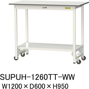 軽量作業台/耐荷重150kg_ワンタッチ移動式_全面棚付_ワークテーブル150シリーズ_低圧メラミン天板 山金工業