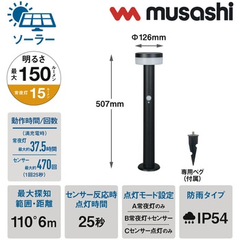 ガーデンソーラーセンサーライト2W丸型 ブラック ムサシ