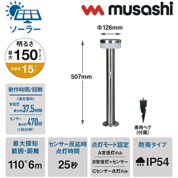 ガーデンソーラーセンサーライト2W丸型 シルバー ムサシ
