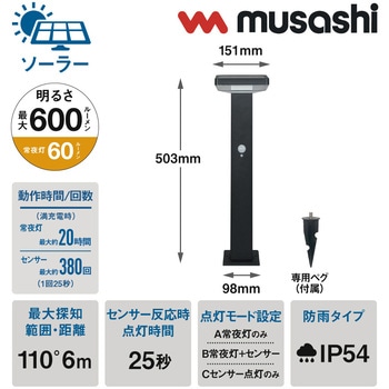 ガーデンソーラーセンサーライト7.5W角型 ブラック ムサシ