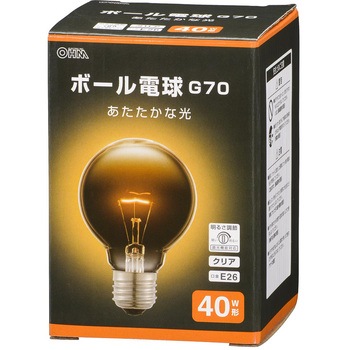 ボール電球 E26 40W形 G70 クリア オーム電機