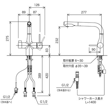 ビルトイン浄水器用シングルシャワー付混合栓 撥水 KM6121SCEC KVK