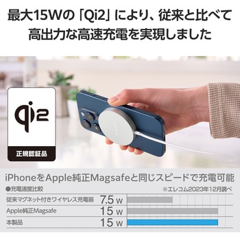 ワイヤレス充電器 Qi 認証 Qi2 対応 15W / 7.5W / 5W マグネット式 卓上 ケーブル一体 1.5m 置くだけ充電器 エレコム