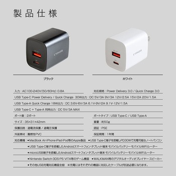USB充電器 極小 2ポート 30W出力 京ハヤ