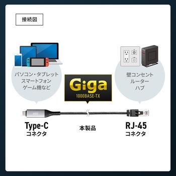 LAN変換ケーブル CAT6 RJ-45/USB TypeC サンワサプライ