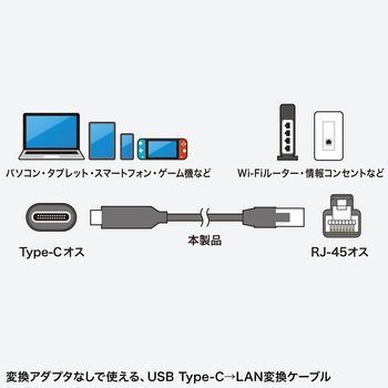 LAN変換ケーブル CAT6 RJ-45/USB TypeC サンワサプライ