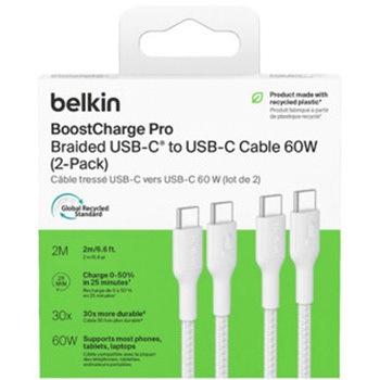 BoostCharge Pro USB-C to USB-C 編組ケーブル 60W 2M ホワイト 2本セット BELKIN(ベルキン)