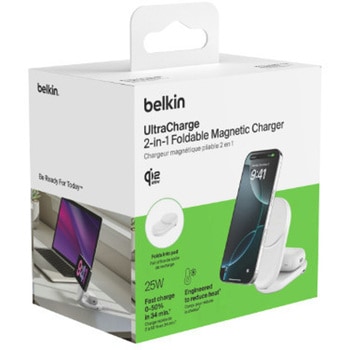 UltraCharge Qi2 25W 2-in-1 折りたたみ式マグネット充電器 ラウンド型 ホワイト BELKIN(ベルキン)