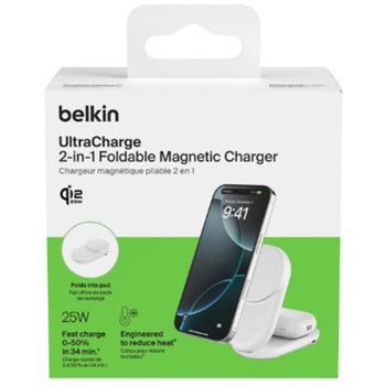 UltraCharge Qi2 25W 2-in-1 折りたたみ式マグネット充電器 ラウンド型 ホワイト BELKIN(ベルキン)