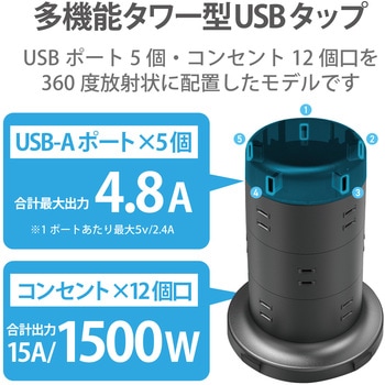 USB付き 電源タップ タワー型 2m 2P AC×12個口 USB×5ポート 耐雷 ほこり防止 エレコム