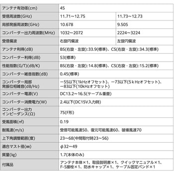 45形BS・110度CSアンテナ(耐風速70m/sタイプ) 右旋 左旋対応 新4K 8K対応 屋外設置OK ボラバラアンテナ DXアンテナ