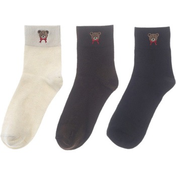 婦人 ショートクルーソックス/テディベア刺繍 ゴートレイド