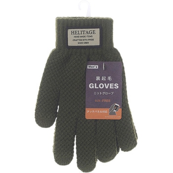 紳士 裏起毛ニットグローブ/カノコ調 ロゴワッペン付/タッチパネル対応/カーキ ゴートレイド