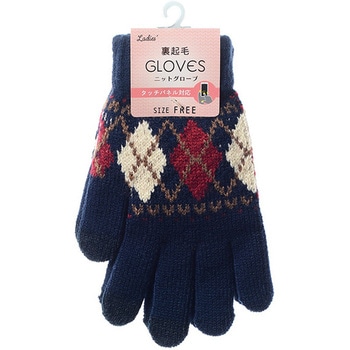 婦人 裏起毛ニットグローブ/アーガイル柄/タッチパネル対応/ネイビー ゴートレイド