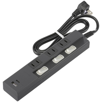 3個口節電タップ PD対応Type-C/Type-Aポート付き 1m ブラック オーム電機