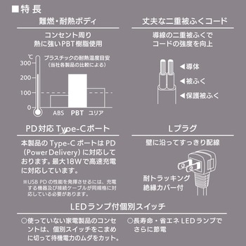 3個口節電タップ PD対応Type-C/Type-Aポート付き 2m ホワイト オーム電機