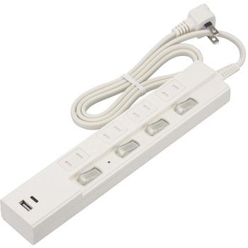 4個口節電タップ 雷ガード PD対応Type-C/Type-Aポート付き 1m ホワイト オーム電機